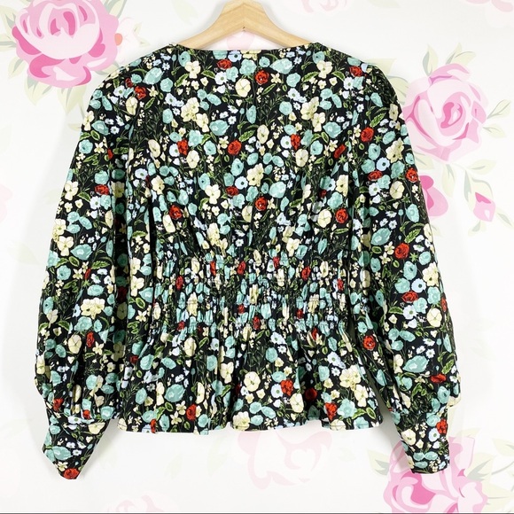 ZARA Blouse S Floral Cottagecore Peplum Long Puff Sleeves - Picture 7 of 11